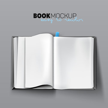 Realistic opened empty book mockup with blank white pages, page with curve and tab in hard cover. Vector illustration