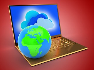 3d golden computer and globe