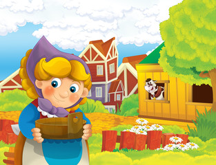 cartoon scene with happy woman working on the farm - standing and smiling / illustration for children