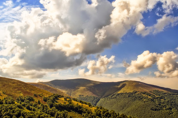 Viewn on the mountains and cumulus clouds. Carpathians