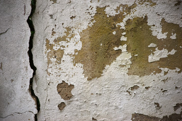 Riss in der Mauer  / Die Nahaufnahme einer Mauer aus mit einer abgeplatzten Putzschicht.