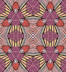 Seamless striped vector pattern. Vintage colored decorative repainting background with tribal and ethnic motifs. Abstract geometric roughly hatched shapes colored with hand drawn brush stokes.