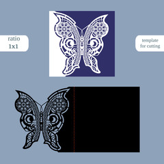 Laser cut wedding square card template. Cut out the paper card with butterfly pattern. Greeting card template for cutting plotter. Metal plate cut by laser. Vector.