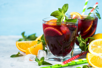 Sangria with fruit mint and ice.