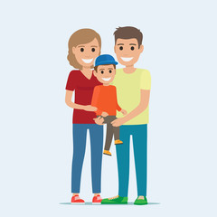 Married Couple in Casual Cloth and Son on Hands.