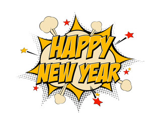 Happy New Year pop art comic background lightning blast halftone dots. 