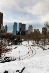 New York's Central Park covered in snow on a freezing winters day