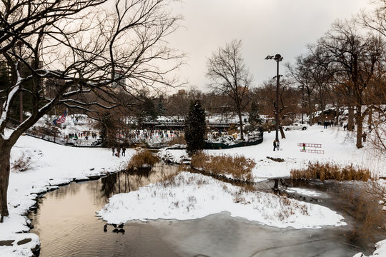 New York's Central Park covered in snow on a freezing winters day
