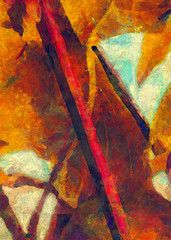Yellow grape leaves. Painted on canvas watercolor and oil artwork. Good for printed picture, design postcard, posters and wallpapers. Can be use as colorful artistic texture.