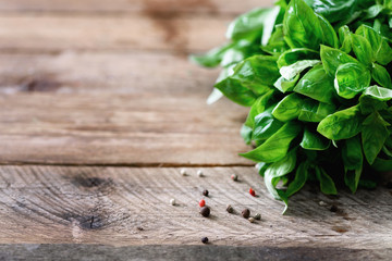 Green fresh organic basil on wooden background with copyspace. Herbs and spices for cooking