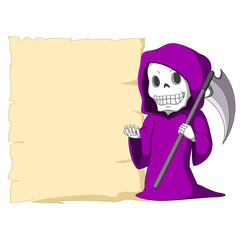 Cute grim reaper with blank sign
