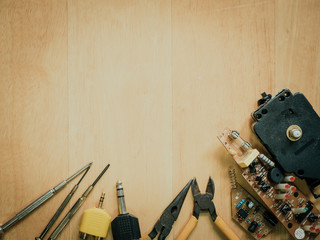 set of electric equipment and technic tool support engineering activity with texture wood background and copy space
