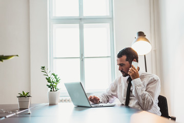 Handsome mature businessman talking on the mobile phone in office.