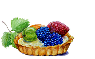 Watercolor  illustration of a Fruit cake with berries 