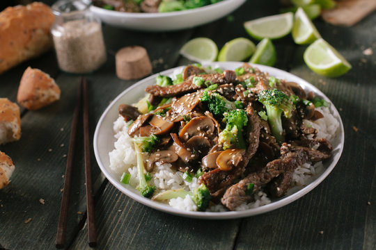 Asian beef with broccoli and mushrooms