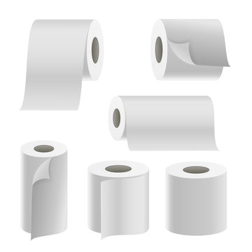 Realistic Paper Roll Set Vector. Template Blank White Toilet Paper roll Mock Up. Thermal Fax Roll Template Isolated Illustration