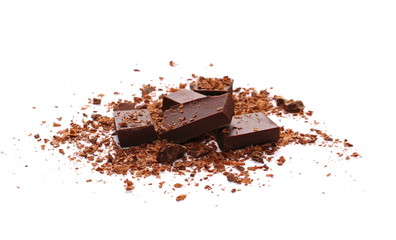 Pile chopped, milled chocolate with shavings isolated on white