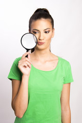 beautiful girl woman with skin problem concept magnifier 