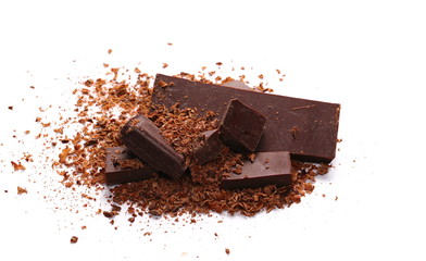 Pile chopped, milled chocolate with shavings isolated on white
