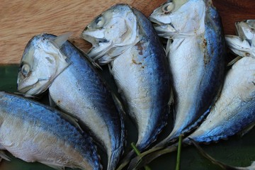 Mackerel fish steamed delicious on wood background