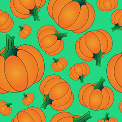 Orange Halloween pumpkin background seamless pattern, vector illustration on green background.