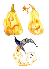 Halloween watercolor clipart, evil moon with cute ghost, pumpkins, kids illustration, watercolor illustration, fall holidays, spooky, creepy, scary