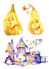 Halloween watercolor clipart, night castle, ghosts, pumpkins, kids illustration, watercolor illustration, fall holidays, spooky, creepy, scary