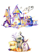 Halloween watercolor clipart, night castle, ghosts, cemetery, tombs, kids illustration, watercolor illustration, fall holidays, spooky, creepy, scary