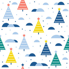 Abstract spruce forest seamless pattern background. Childish art for design new year card, christmas wallpaper, winter gift album