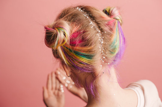 Woman with colorful hair and glitter stars in head