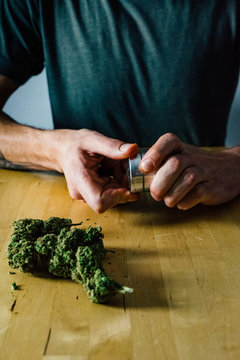 Caucasian male hands grinding marijuana