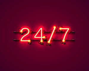 Neon signboard 24 7 open time. Vector illustration