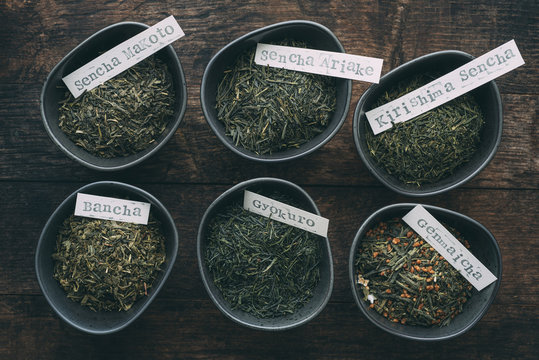 Food: Different sorts of Japanese green teas in bowls