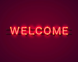 Neon welcome signboard on the red background. Vector illustration