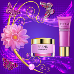 Illustration cosmetic background with cream flower and butterflies for your design