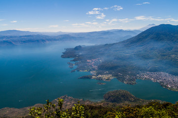 Atitlan lake in Guatemala, picture taken from San Pedro volcano. Volcanoes Cerro de Oro and Toliman, Atitlan at the right side, village Santiago Atitlan.
