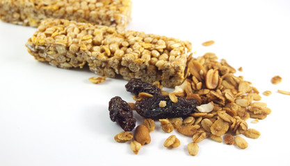 Granola bar with crunchy oats and raises isolated