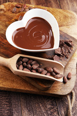 Chocolate cream melted and chocolate pieces on wooden table