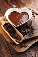 Chocolate cream melted and chocolate pieces on wooden table