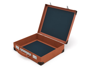 3d rendering of an open brown vintage suitcase with nothing inside on white background.