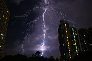 Incredible Real Lightning Striking on Night Sky of Bangkok' s Urban, Monsoon Season in Thailand  