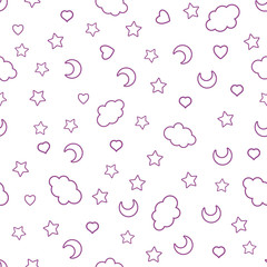 Seamless pattern with clouds, moon, stars, and in the doodle kaw