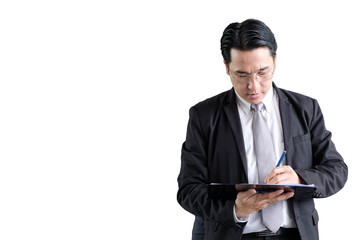 Middle-aged asian business man using smartphone contact with partner while standing and looking chart about finance data isolated white back,ground,business people concept