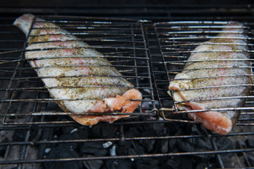 Raw fish on the grill