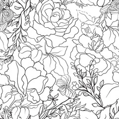 Fototapeta premium Roses. Seamless Pattern. Stock line vector illustrator.