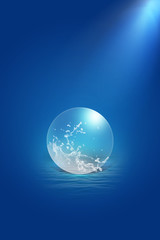 Transparent crystal ball water splashing from a faded sea waving  below as a ground on a deep blue spoted light from the top background
