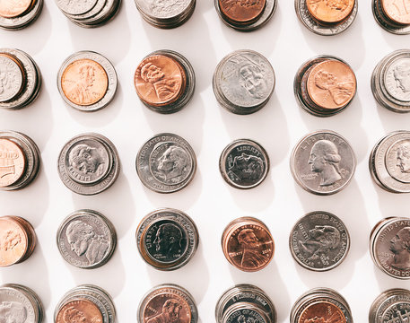 Coins: Rows And Columns Of US Coins In Stacks