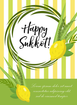 Happy Sukkot flyer, posters, invitation. Sukkot template for your design greeting card and more with etrog, lulav, Arava, Hadas. Vector illustration