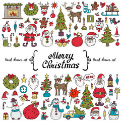 Vector set with hand drawn isolated colored doodles on the  theme of Merry Christmas, Happy New Year on white color. Cartoon symbols of holiday