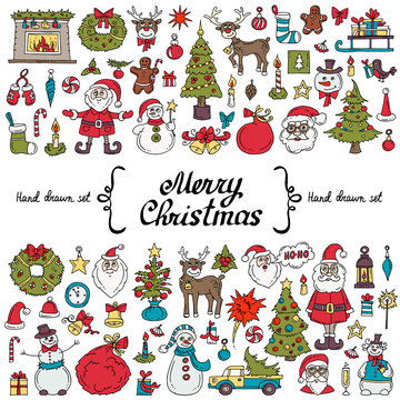Vector set with hand drawn isolated colored doodles on the  theme of Merry Christmas, Happy New Year on white color. Cartoon symbols of holiday